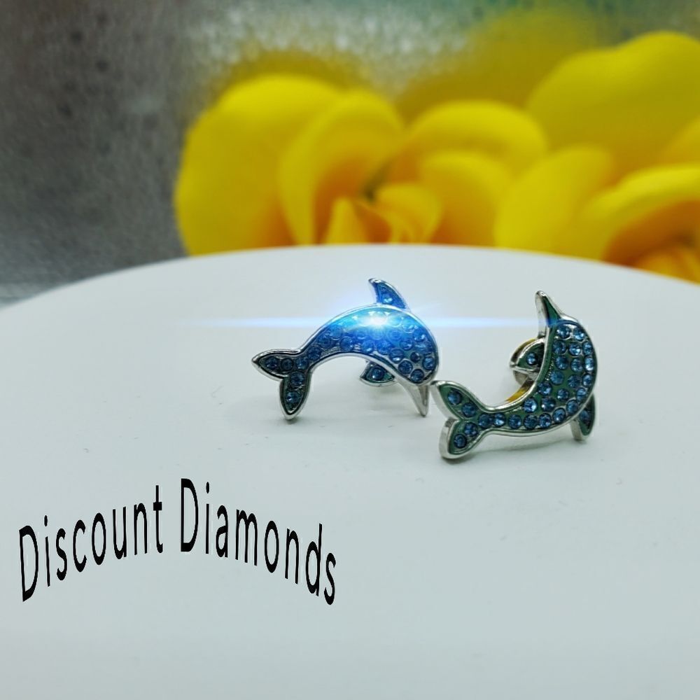 Dainty Round Cut Cluster Blue Sapphire Dolphin Earrings on 925 Sterling Silver